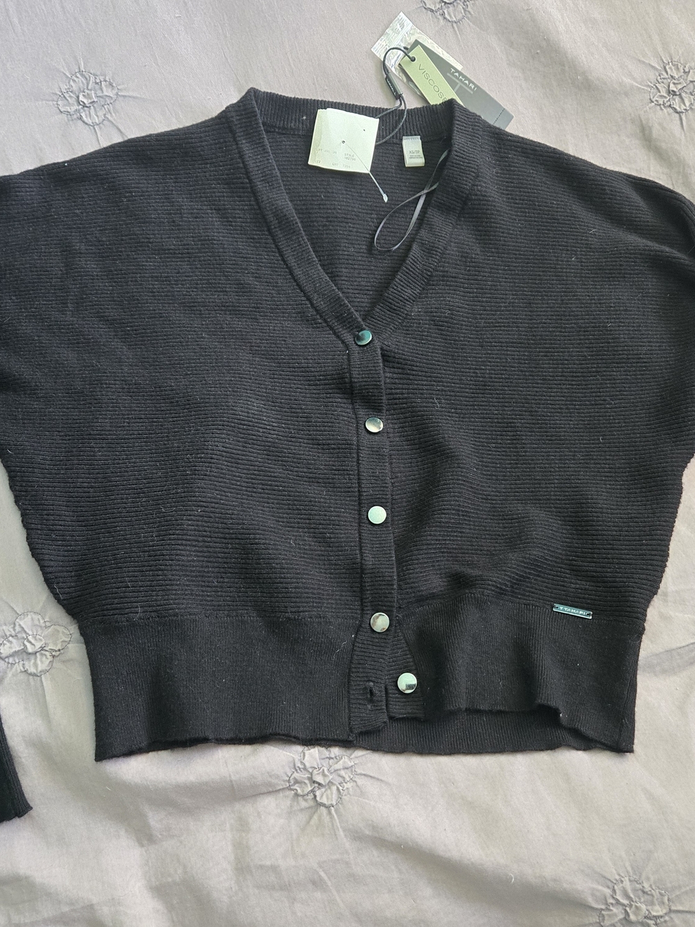 T Tahari Black V-Neck Button Front Sweater Cardigan